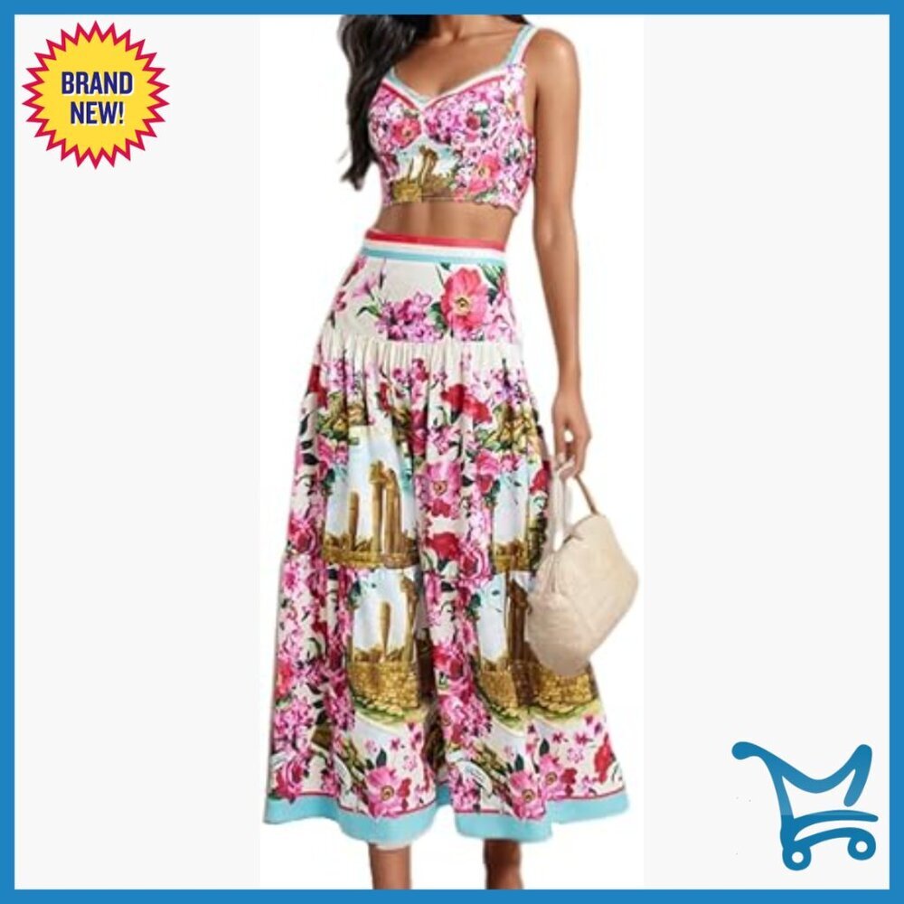 Floral Halter Top Maxi Skirt Set Size Small Polyester Spandex Vacation Outfit